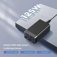 2 stk. Mobiltilbehør vægadapter 125W GaN – 2×USB-A + 3×USB-C – Sort