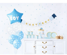 4 pk. Sødt lyseblåt babyshower sæt til drengen, med 49 dele