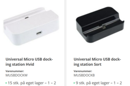 Docking med micro USB til smartphone (15 stk. hvide og 9 stk. sorte) Uden kabler