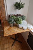 Bord samt lys, plastikplanter & 2 stk. patentglas