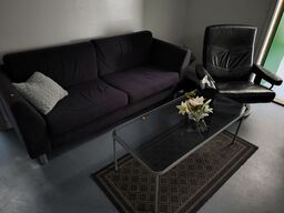 Lænestol, sofa, sofabord samt tæppe