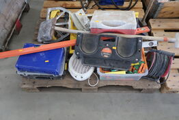 Pallet with various tools, sack trolley, cable drum etc.