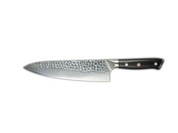Kokkekniv, 21 cm knivblad, udført i 67 lags Damaskus stål. 