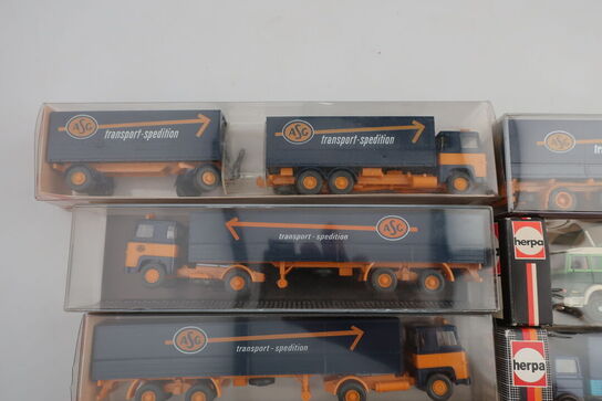 9 stk. modellastbiler HERPA 814294, 815390, WIKING, 462, 533 m.fl.