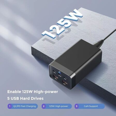 2 stk. Mobiltilbehør vægadapter 125W GaN – 2×USB-A + 3×USB-C – Sort