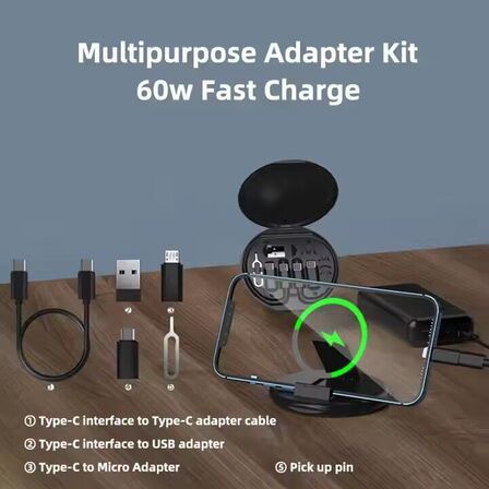 2 stk. Mobiltilbehørs-opladningssæt 6-i-1 – 60W – USB-C/Micro/USB