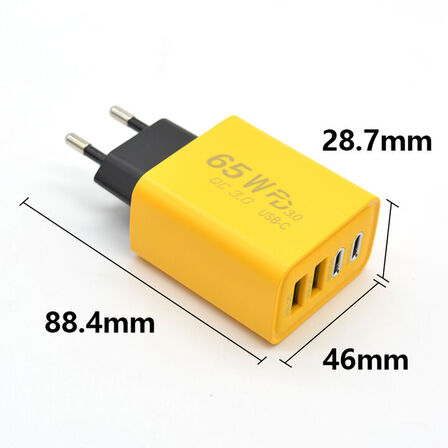2 stk. Mobiltilbehør vægadapter 65W GaN – 2×USB-C + 2×USB-A – Gul