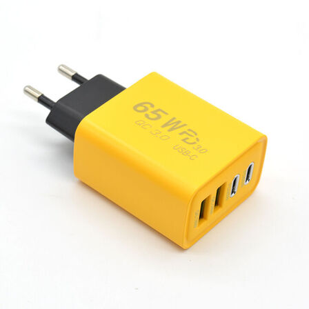 2 stk. Mobiltilbehør vægadapter 65W GaN – 2×USB-C + 2×USB-A – Gul