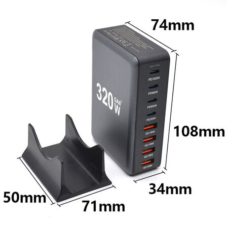 Ladestation GaN 320W – 8 porte (USB-C & USB-A) – Hurtig opladning til mobil og bærbar computer