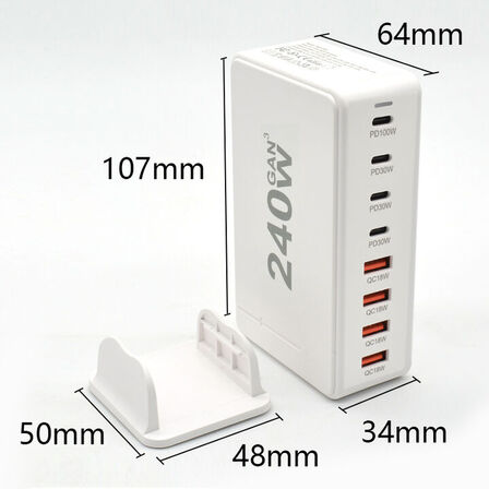Ladestation GaN 240W – 8 porte (USB-C & USB-A) – Hurtig opladning til mobil og bærbar computer