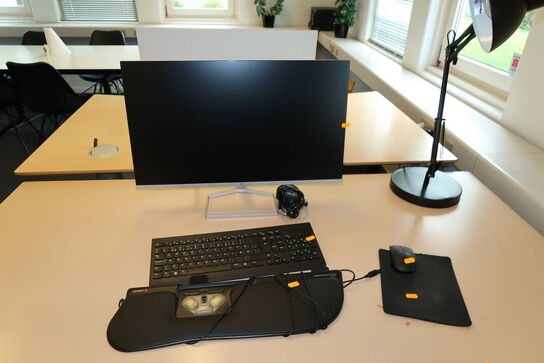 Computerskærm HP M27fw, tastatur, mus, rollermouse