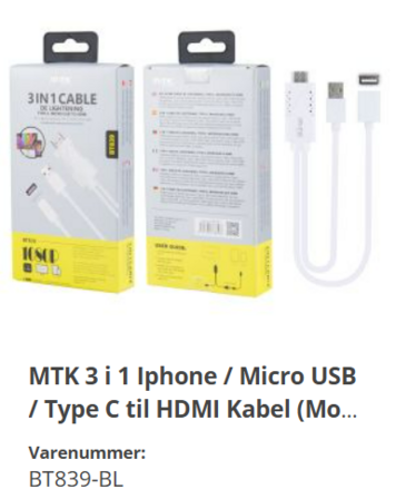 5 x MTK HDMI til Lightning, USB-C og Micro USB adaptere