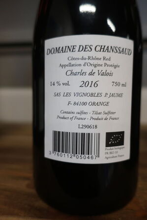 2 fl. rødvin, Domaine des Chanssaud, Charles de Vallois 2016