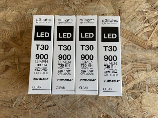 4 stk. e3light Proxima LED T30 E14 900lm CRI90 2700K Dæmpbare filament pærer.
High-End Halolux erstatninger med super lyskvalitet. 
Udviklet til danske LK LED dæmpere
NB pærerne er 2. sortering – frasorteret pga. enten limrester på ”huset” eller let skæve