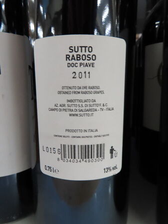 8 fl. rødvin, SUTTO TT Raboso Piave 2011