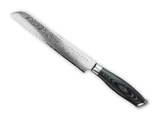 Brødkniv, 21 cm knivblad, udført i 67 lags Damaskus stål. 