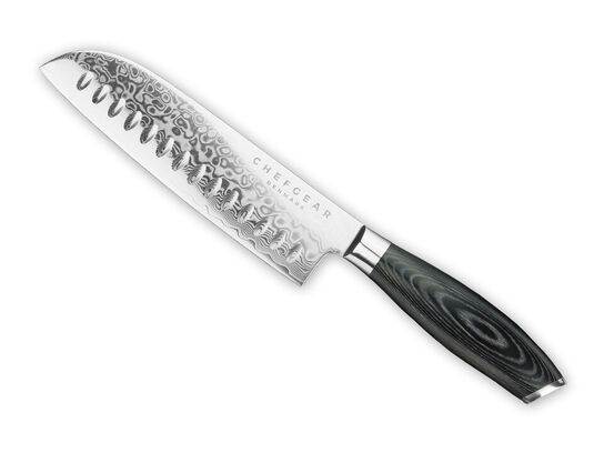 Santokukniv, 18 cm knivblad, udført i 67 lags Damaskus stål. 