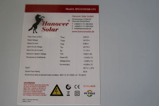 35 stk. solcellepaneler HANOVER SOLAR HS345M-60-15S (ubrugt)