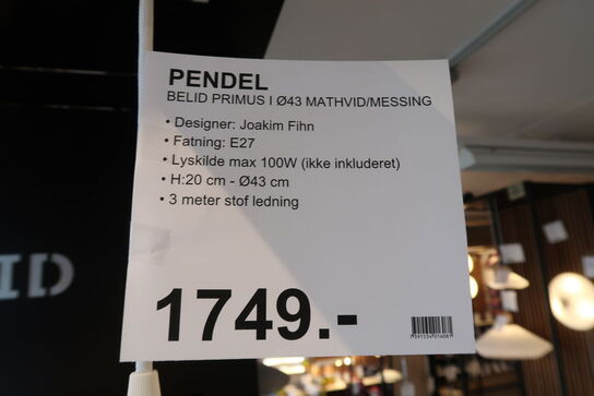 Belid Primus I Pendel Ø43 Mathvid/Messing