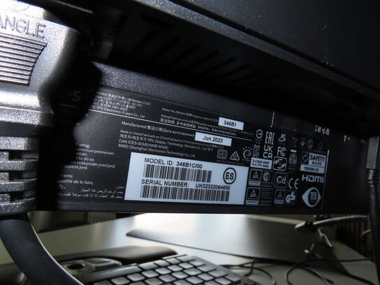 34" curvet monitor, PHILIPS 346B1C, tastatur og rullemus
