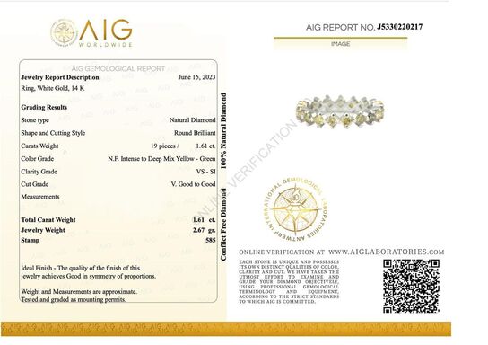 Diamantring - med 1,61 ct Naturlig Fancy Gulgrøn - Vejl. pris 37.995,-