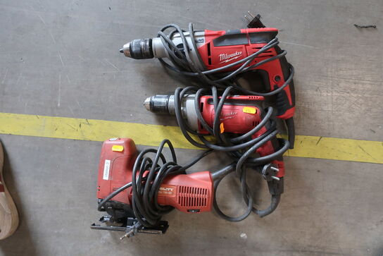 2 stk. slagboremaskiner MILWAUKEE, stiksav HILTI WSJ 750-EB