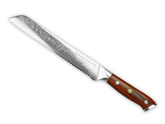 Brødkniv, 23 cm knivblad, udført i 67 lags Damaskus stål. 