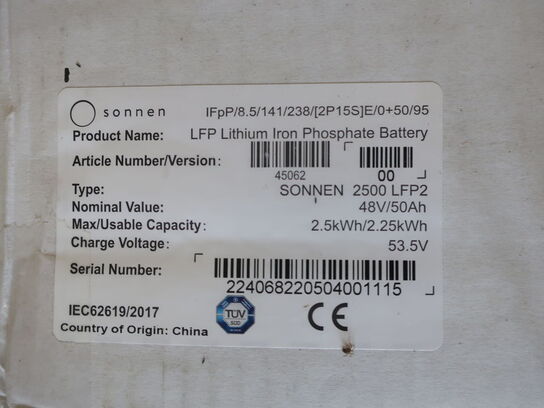 Batterimodul SONNEN 2500 LFP2 2,5kWh (ubrugt)