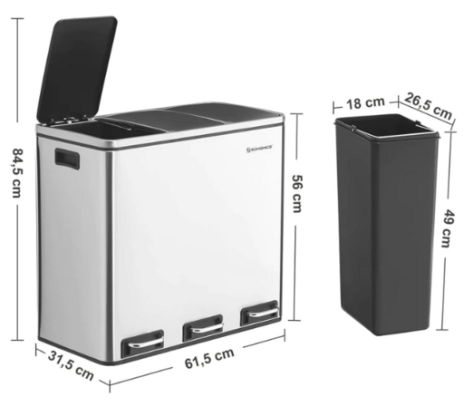 Pedalspand i rustfrit stål med soft close, 54 liter