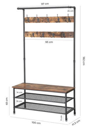 Garderobestativ med skohylder, knager og bænk, 100 x 42 x 182 cm