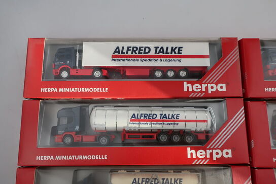 7 stk. modellastbiler HERPA Volvo FH ZL Szg, Scania Tank Szg m.fl.