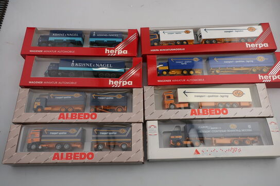 8 stk. modellastbiler HERPA 859050, 859089, 140652, ALBEDO 300126, 301005 m.fl.