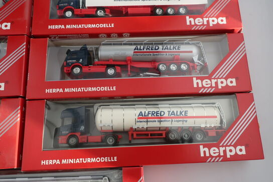 7 stk. modellastbiler HERPA Volvo FH ZL Szg, Scania Tank Szg m.fl.