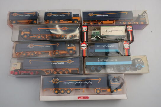 9 stk. modellastbiler HERPA 814294, 815390, WIKING, 462, 533 m.fl.