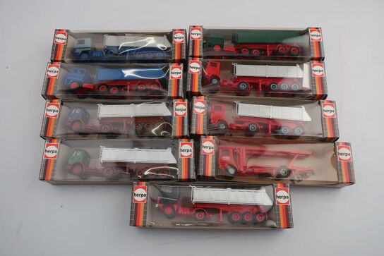 9 stk. modellastbiler HERPA 827500, 800500, 802500, 806511 m.fl.