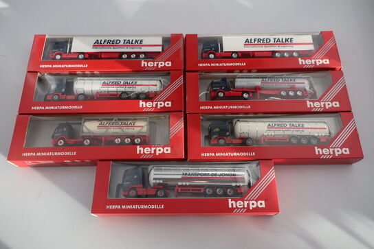 7 stk. modellastbiler HERPA Volvo FH ZL Szg, Scania Tank Szg m.fl.