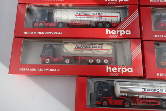 7 stk. modellastbiler HERPA Volvo FH ZL Szg, Scania Tank Szg m.fl.