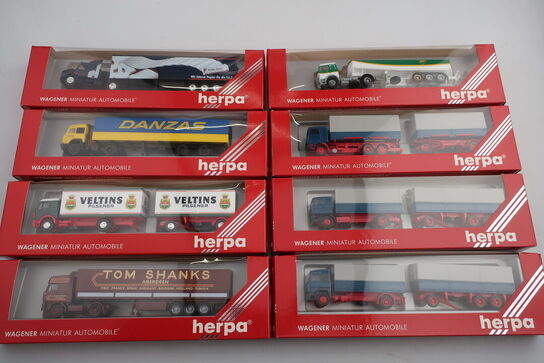 8 stk. modellastbiler HERPA 847011, 827001, 839041, 826121 m.fl.