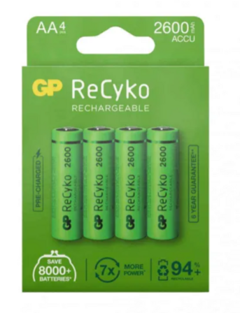 4 pk. GP ReCyko Genopladelige AA batterier 2600 mAh - 4 stk.