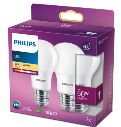 7 pk. Philips LED pære Standard 8W/827 (60W) mat 2-pak E27