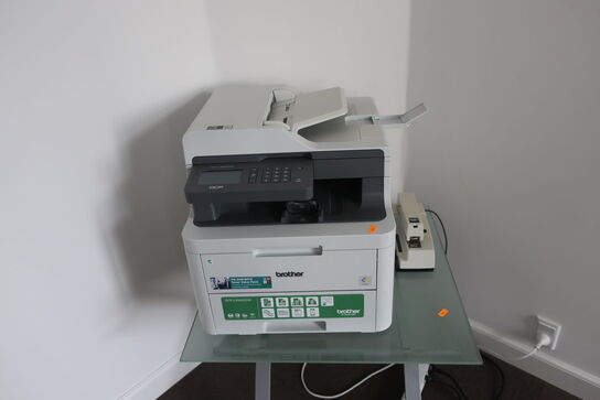 Printer BROTHER DCP-L3500CDW, elektrisk hæftemaskine RAPID 90 EC samt bord