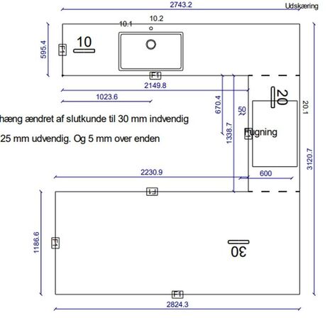 Bordplade 20 mm DEKTON Argentium m/vask