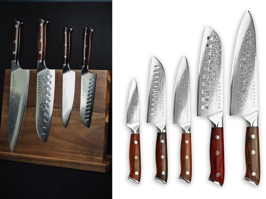 Stort knivsæt samt knivholder. 5 stk. knive udført i 67 lags Damaskus stål