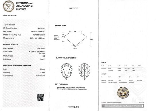 Diamant - 0.63 ct. - Pære - W-X, Lysebrunlig Gul - Si2