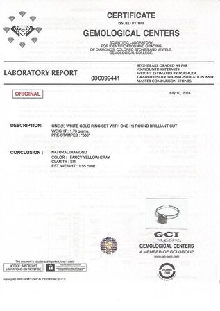 Forlovelsesring - 14 kt. Hvidguld - 1,55 ct. Naturfarvet grå/gul Diamant - klarhed SI1