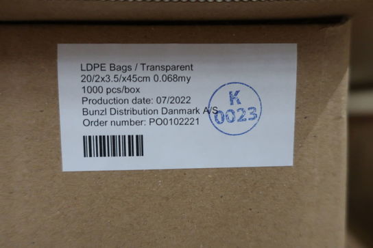 11 kasser plastposer 20/2x3.5/x45cm (i alt 11.000 stk.)