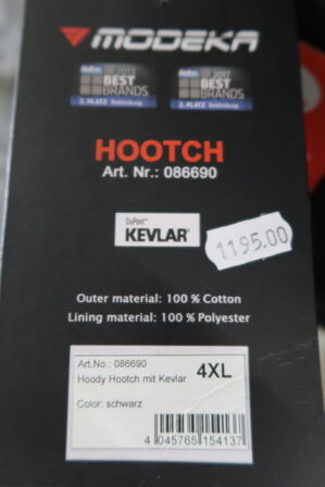 Hoody MODEKA Hootch m. Kevlar 4XL - Sort (ubrugt)