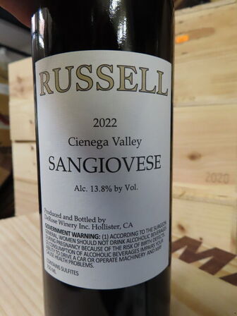 12 fl. rødvin, RUSSEL SANGIOVESE CIENEGA VALLY 2022